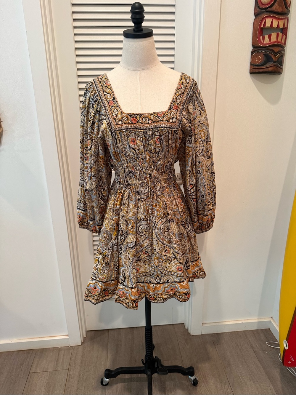 Cleobella Mustard Paisley Square-Neck Mini Dress